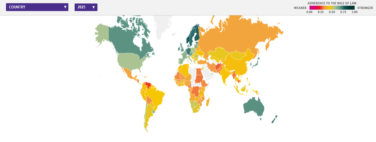 Рейтинг верховенства права за 2025 г. на карте мира. Изображение: https://worldjusticeproject.org/rule-of-law-index/global/2025. 