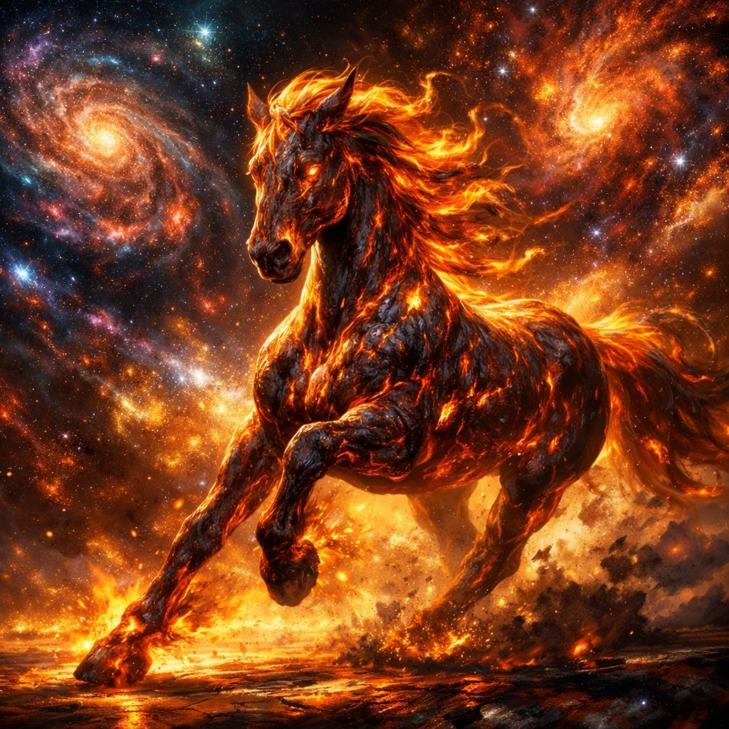 На изображении лошадь, сотканная из огня, будто лава вулкана, уверенная поза в беге, глубокий эмоциональный взгляд.