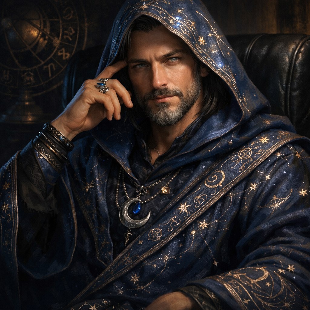 На изображении астролог в мистических одеяниях голубого цвета, с замысловатыми узорами звёзд и знаков зодиака, — уверенная, расслабленная поза, глубокий, задумчивый взгляд.