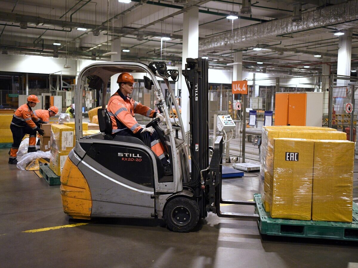    Работники в зоне комплектации грузов в грузовом терминале "Москва Карго" | © РИА Новости / Владимир Астапкович