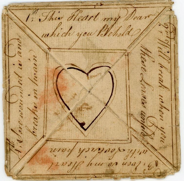 Валентинка (кошелек-головоломка), 18 век, Великобритания. Изображения взято с сайта https://www.wigsonthegreen.co.uk/portrait/valentine-puzzle-purse/