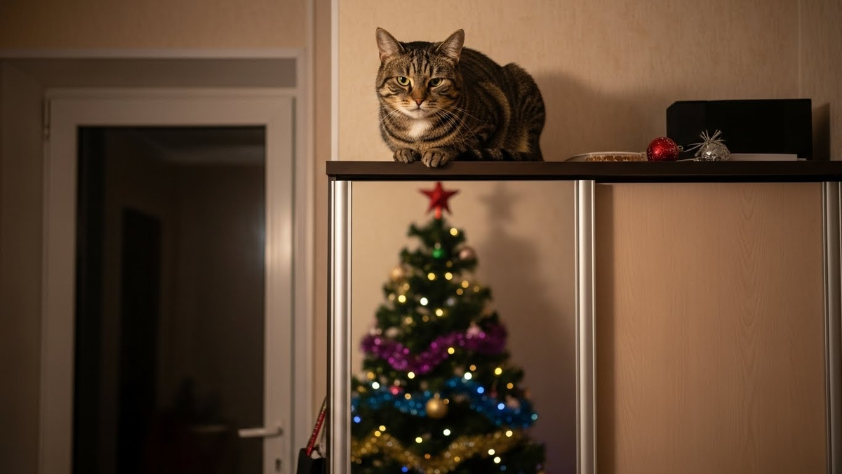 
Я сижу на своём троне (они называют это "шкаф") и наблюдаю за новогодним хаосом. Три шарика уже упали. Случайно. Конечно же, случайно.