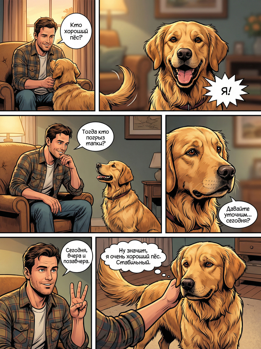 Он уверен в себе, добр и всегда готов согласиться… почти всегда. Небольшой, тёплый и ироничный мини-комикс о том, как легко быть «хорошим», если аккуратно выбирать формулировки — и о собачьей логике, которая иногда слишком уж человечна.