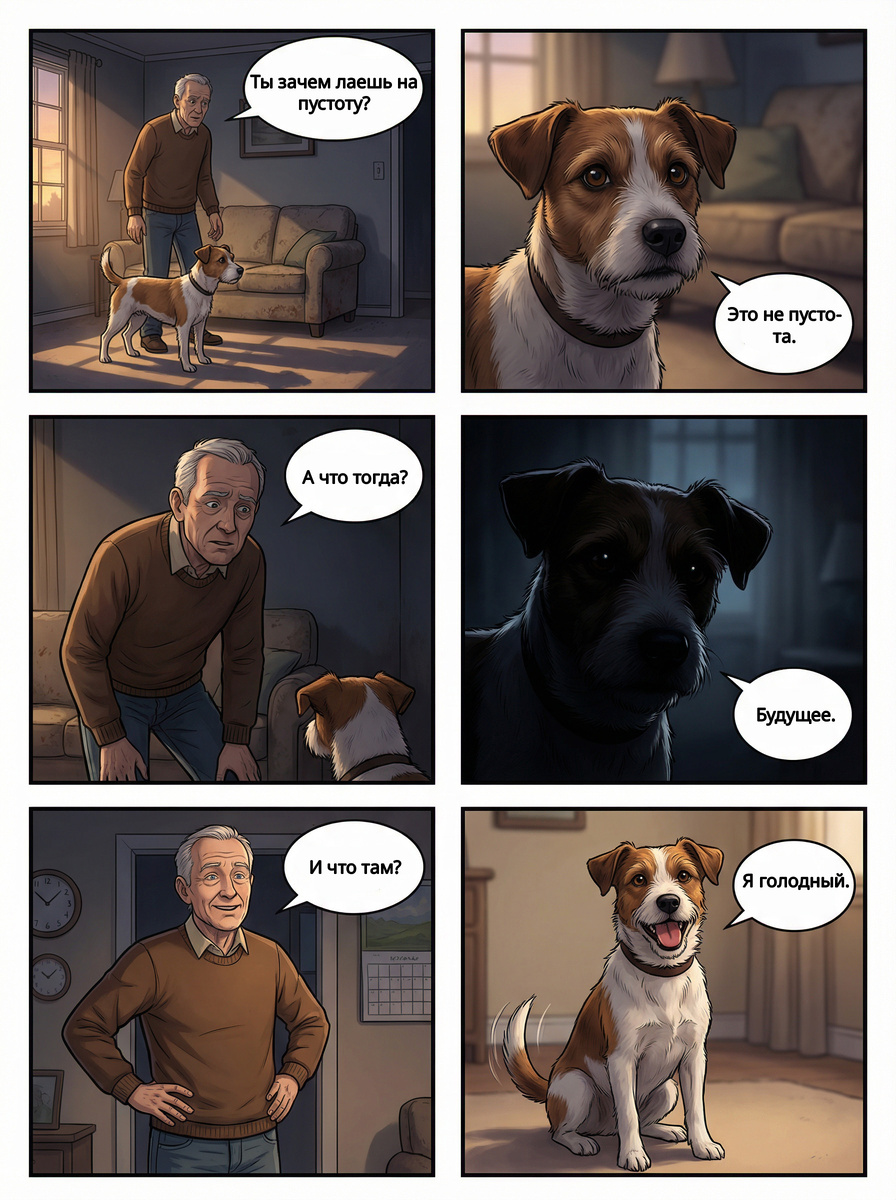 Хозяин уверен, что пёс лает без причины. Но у собаки есть ответ — философский, мрачный и… очень приземлённый. Ироничный мини-комикс о том, как глубокомысленные разговоры о будущем легко заканчиваются самой вечной проблемой — пустой миской.