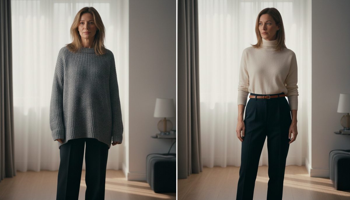 Видите разницу? Слева — бесформенный балахон убивает весь силуэт, добавляет лет и килограммов. Справа — свитер с поясом создаёт фигуру, и та же женщина выглядит моложе и стройнее. Просто смените форму!