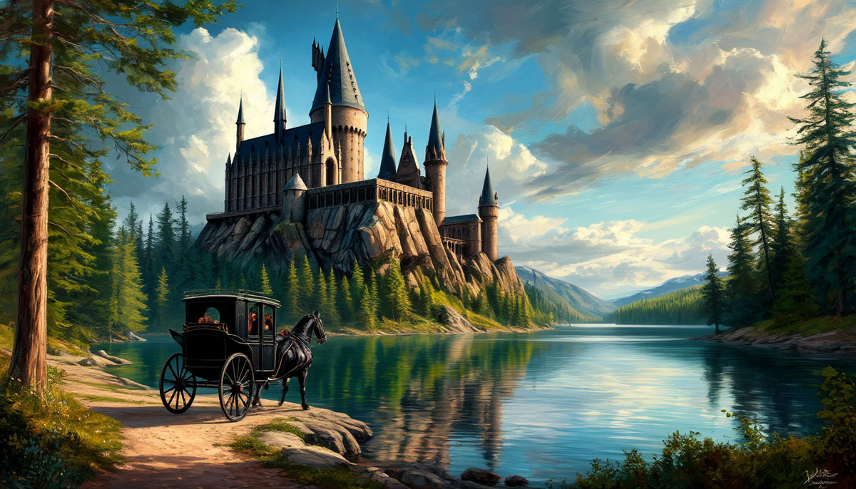 Хогвартс и берег озера (изображение, сгенерированное нейросетью).