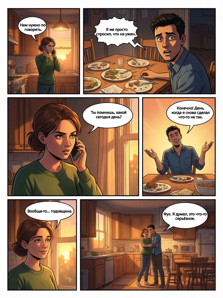 Фраза, от которой замирает сердце, и разговор, который идёт совсем не туда… до последнего кадра.
Этот мини-комикс — тёплая и ироничная история о страхах, недопонимании и маленьких моментах, которые на самом деле значат гораздо больше. Идеально для тех, кто любит неожиданные, но уютные финалы.