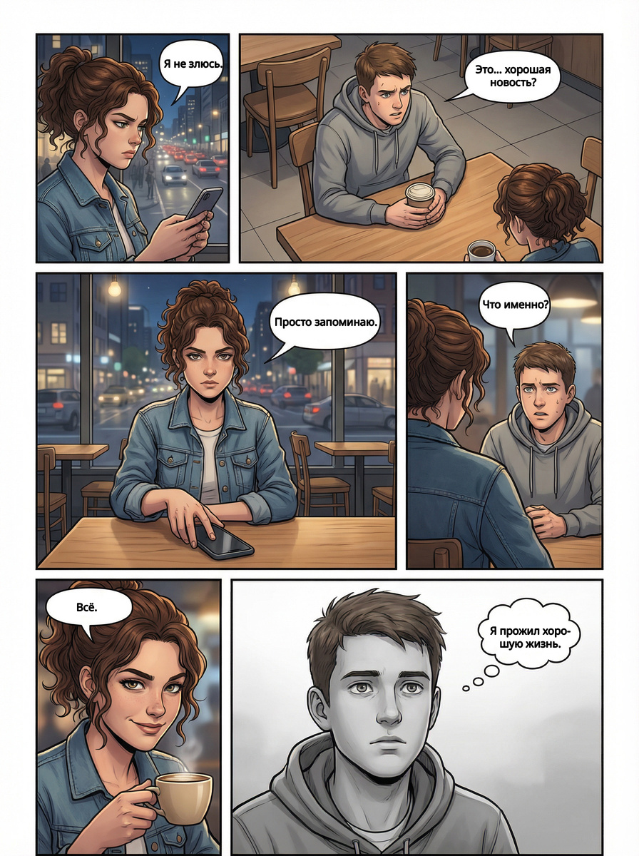 Иногда самые опасные слова звучат спокойно.
Небольшой разговор за кофе превращается в тонкую психологическую игру, где каждое слово имеет вес, а паузы говорят громче реплик. Мини-комикс о скрытых обидах, тревожных намёках и том моменте, когда ты вдруг понимаешь — это был финал.