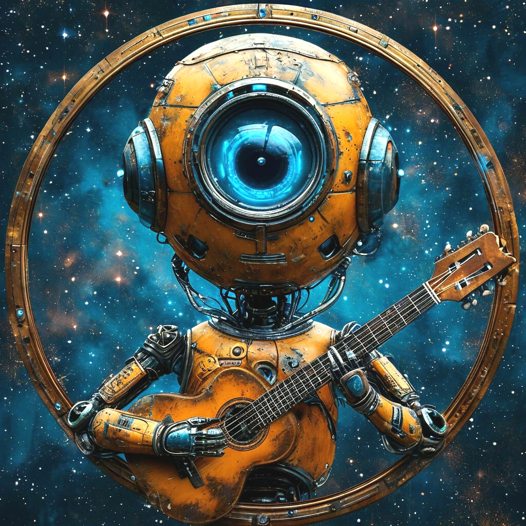 Логотип Маланхит: робот с гитарой на фоне космоса и звёзд