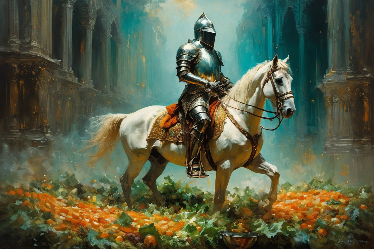 Наш друг рыцарь на лошади и салате