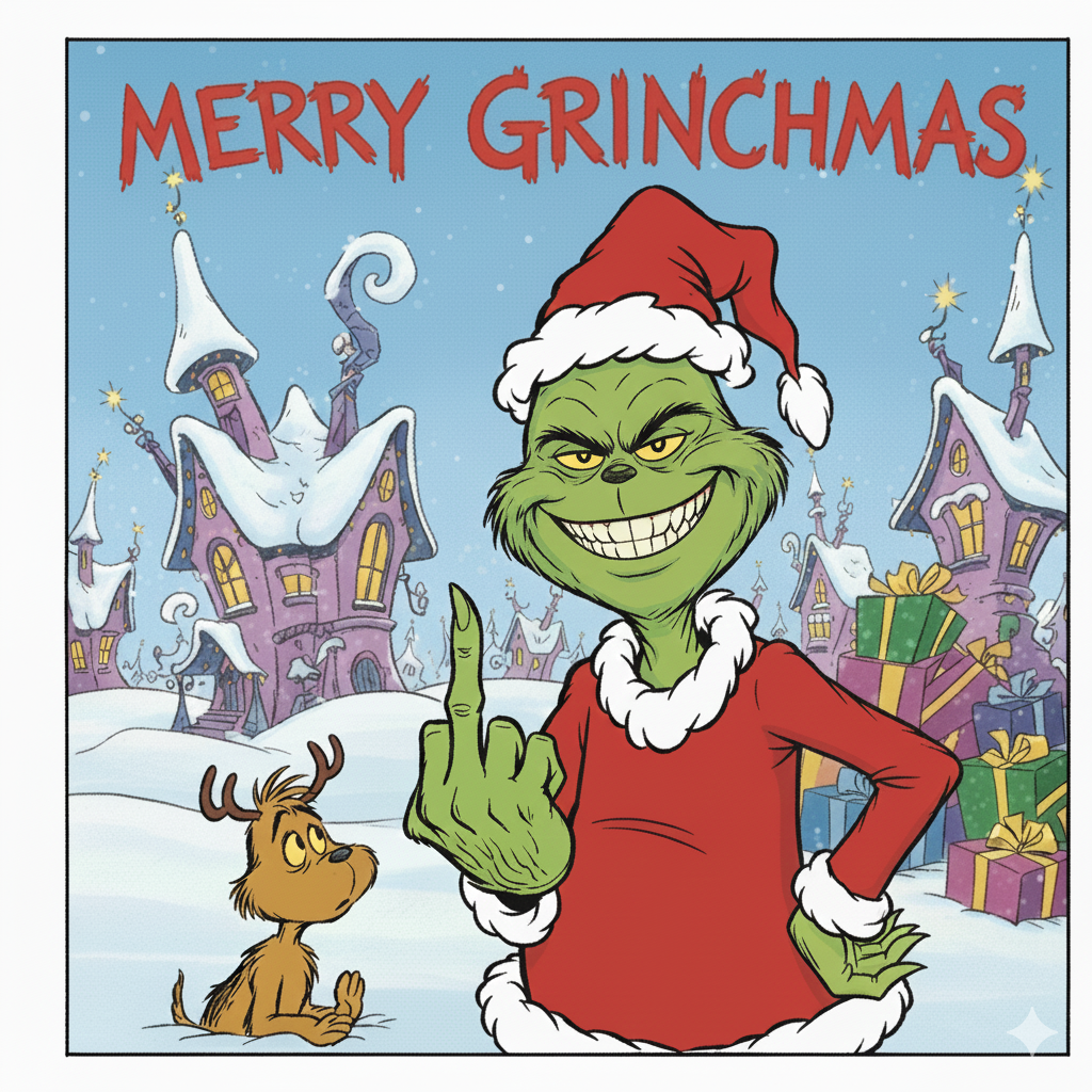 новогодний Гринч с вытянутым средним пальцем. Рисунок в стиле мультфильма про Гринча. 