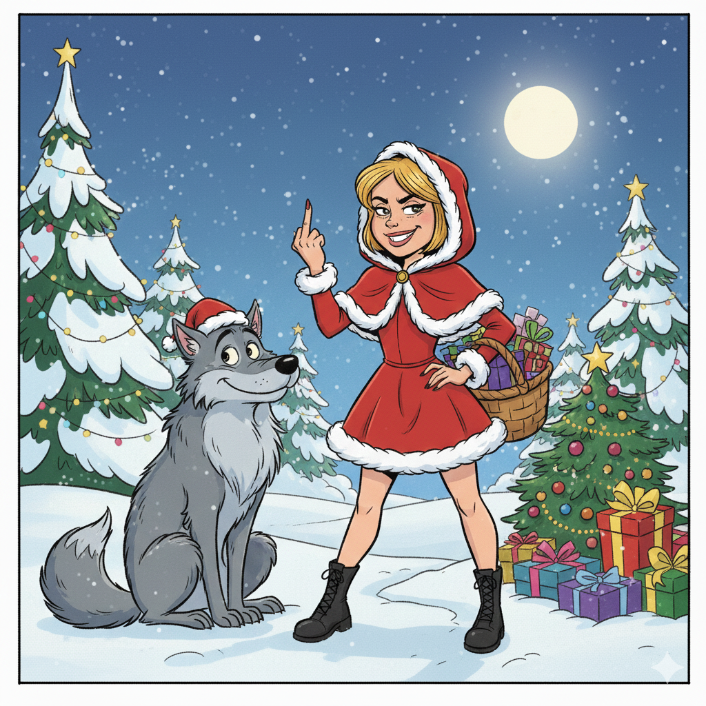 новогодняя взрослая Красная шапочка с вытянутым средним пальцем. Стиль рисунка оставь прежним, но обстановку и позу персонажа измени, чтобы было подругому. Убери надпись. 