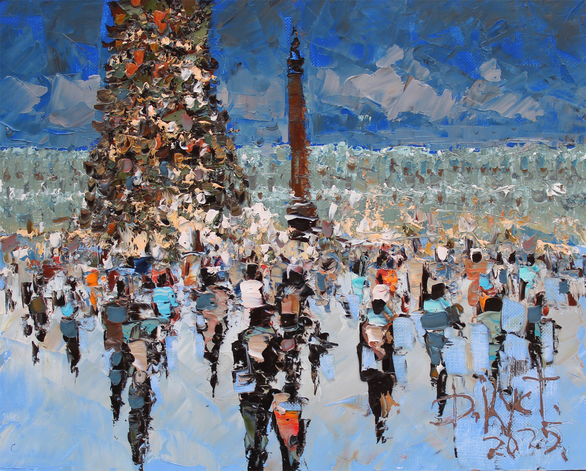 Художник Дмитрий Кустанович. Этюд «Ёлка на Гостинке», 40х50 см, холст, масло, 2025 года создания.