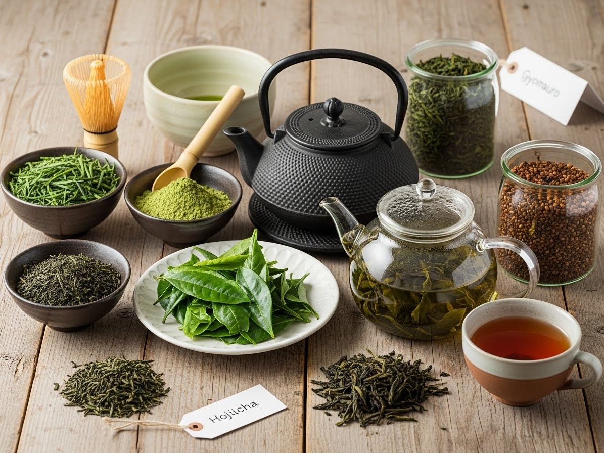 Разный зеленый чай на столе