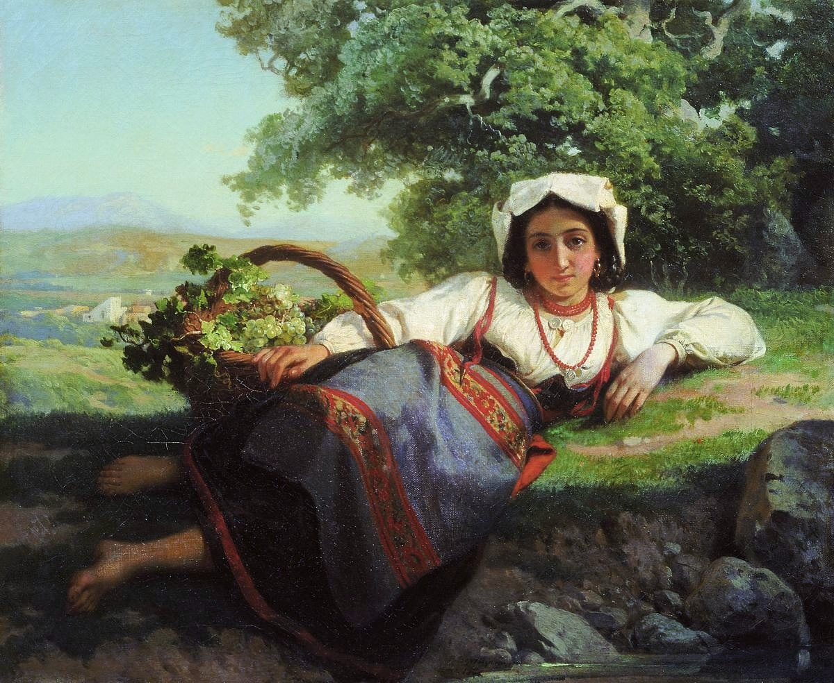 "Девушка с виноградом", 1865 год. Холст, масло 37,7 x 46,5 см. Новокузнецкий художественный музей. 