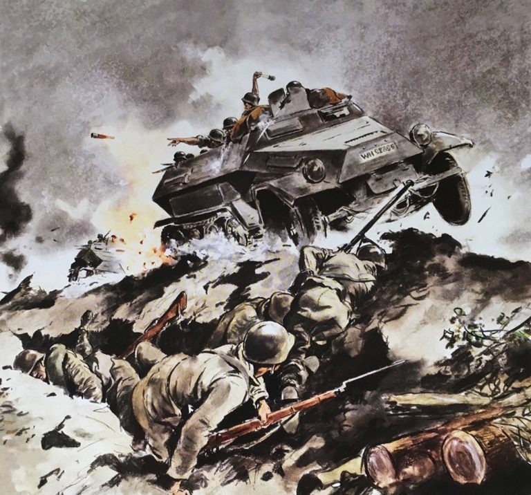 Немецкий иллюстратор Ганс Лиска служил фронтовым художником. Его зарисовка запечатлела тактику применения немецких БТР.