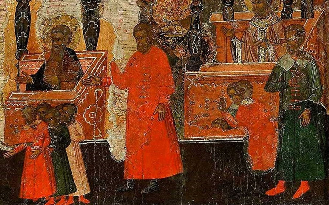 Изображение семьи Строгановых на иконе «Иже херувимы». Справа с рукой на груди изображён Никита Григорьевич Строганов, вкладчик иконы. Посередине стоит Семён Аникеевич перед Симеоном Столпником.