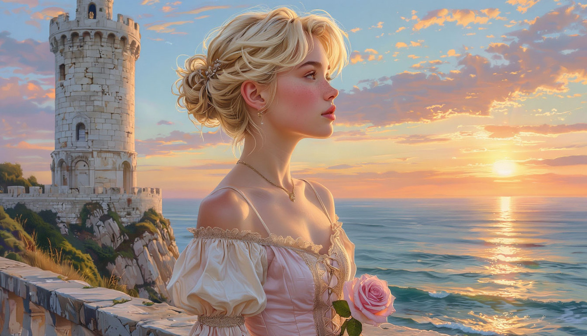 Белая башня на берегу моря. Изображение от ИИ Шедеврум