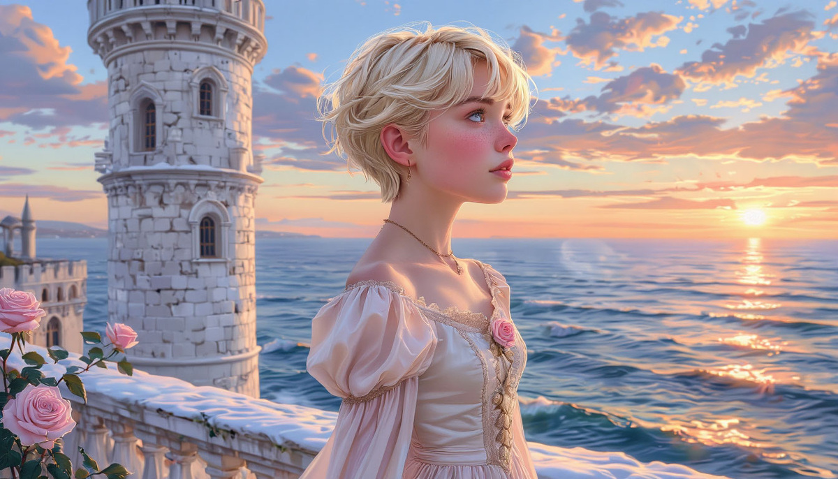 Заснеженная башня на берегу моря. Изображение от ИИ Шедеврум