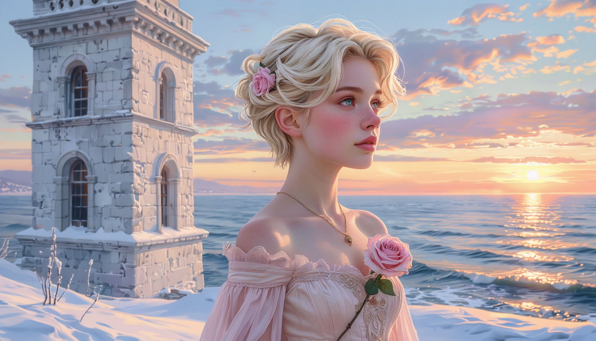 Завьюженная белая башня на берегу моря. Изображение от ИИ Шедеврум