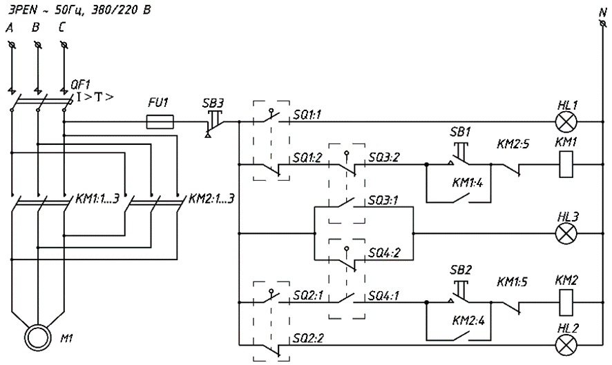 Схема электродвигательного исполнительного механизма с трехфазным электродвигателем