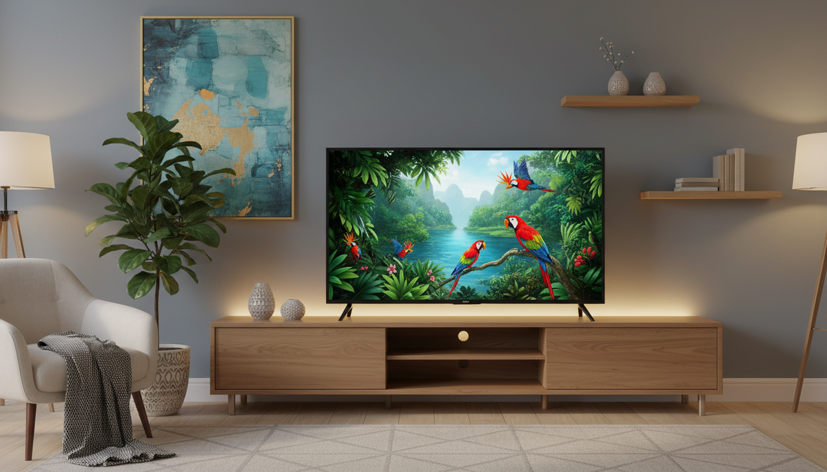 Стильный телевизор Tuvio TD32HFBCV1 установлен в элегантной гостиной. Телевизор выполнен в безрамочном дизайне с гладкой черной отделкой и установлен на современной деревянной медиа-консоли. Мягкое рассеянное освещение подчеркивает яркий дисплей телевизора с поддержкой технологии HD ready, демонстрирующий яркие цвета и четкое изображение. Уютное кресло и декоративное растение на переднем плане придают сцене теплоту. На заднем плане - изящно декорированная стена с абстрактным искусством и минималистичные полки, создающие современную атмосферу. Объектив снимает сцену под небольшим углом, чтобы подчеркнуть впечатляющие характеристики телевизора, создавая безмятежное и располагающее настроение, идеально подходящее для любителей высоких технологий. На изображении нет людей, что обеспечивает сфокусированный взгляд на экране телевизора.