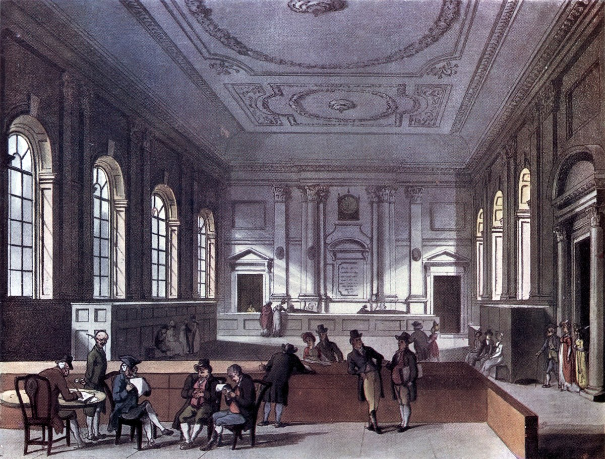 «South Sea House, Dividend Hall» — гравюра, созданная в 1810 году Томасом Роуландсоном (1756–1827) и Августом Чарльзом Пугином (1762–1832)