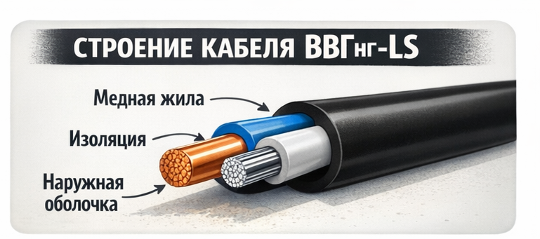 жила (медь)
внутренняя изоляция
внешняя оболочка
стрелки с подписями