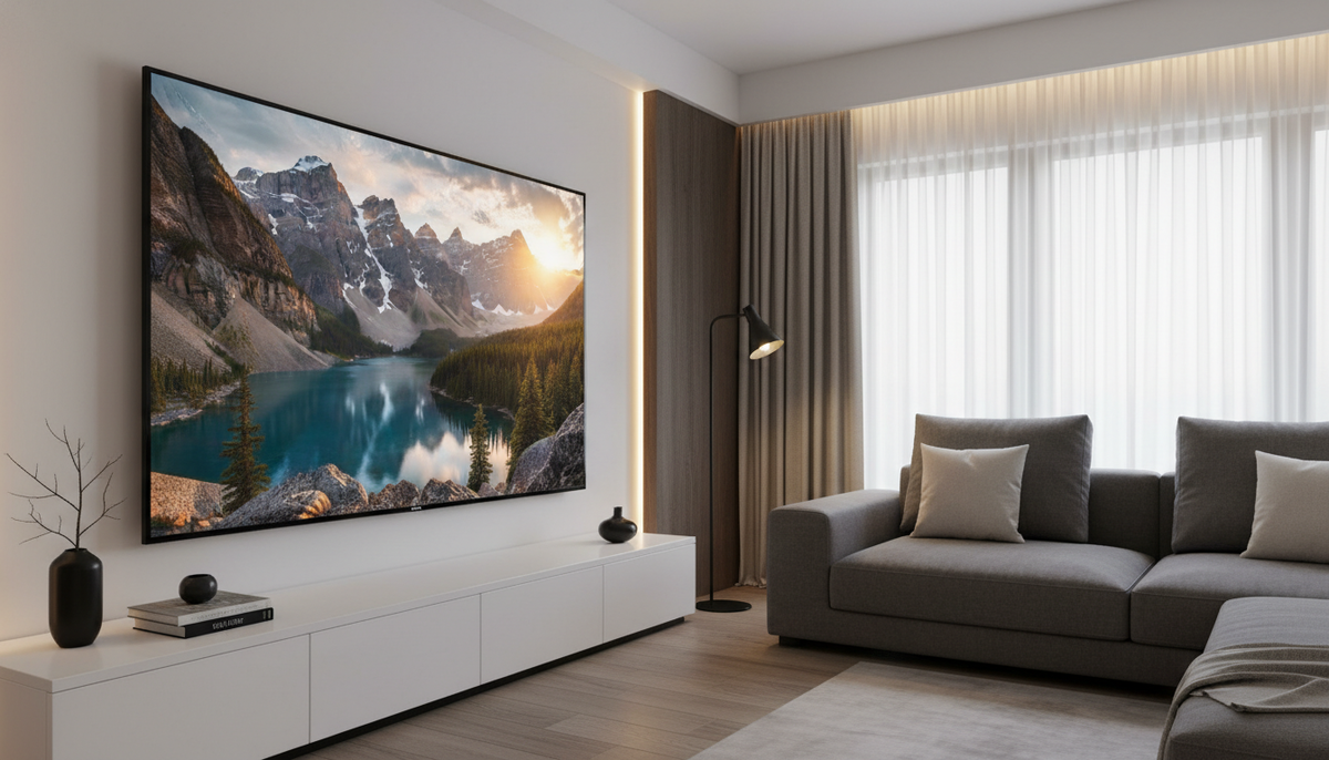 Элегантный 50-дюймовый телевизор Tuvio с безрамочным дизайном и потрясающим разрешением 4K Ultra HD. Телевизор занимает видное место в современной гостиной. На переднем плане телевизионный экран отображает яркое изображение живописного пейзажа высокой четкости, богатое цветами и деталями. В средней части под телевизором находится стильный развлекательный модуль в минималистичном стиле, изящно украшенный декоративными элементами. На заднем плане - уютный диван и мягкое, теплое освещение, создающее уютную атмосферу. Элегантная цветовая палитра с тонкими контрастами темных и светлых тонов подчеркивает цвет телевизора. Кадр снят под небольшим углом, что подчеркивает тонкий профиль телевизора, а также создает современную и утонченную атмосферу, идеально подходящую для статьи, посвященной технологиям. Текст или водяные знаки отсутствуют.