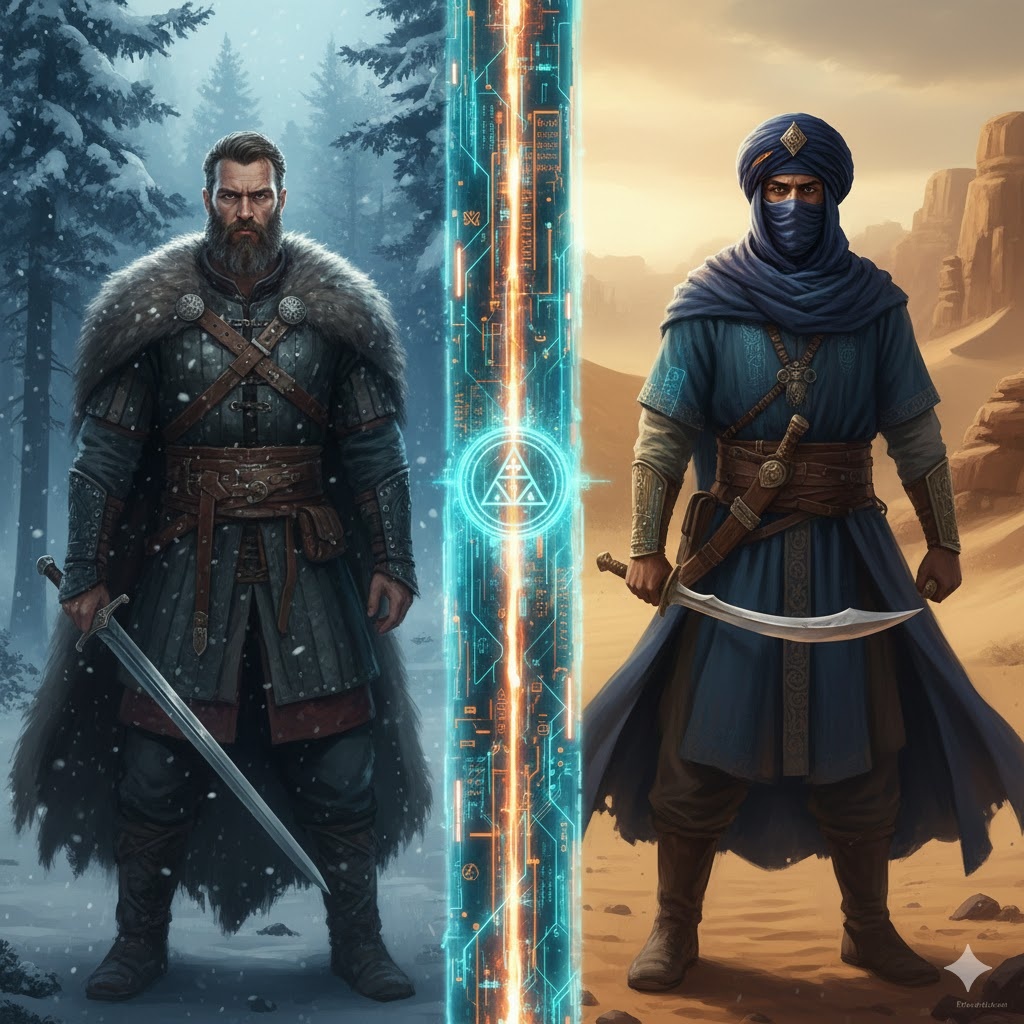 "Пересечение стихий: Единство воли Севера и Пустыни", иллюстрация создана сетью Джемини