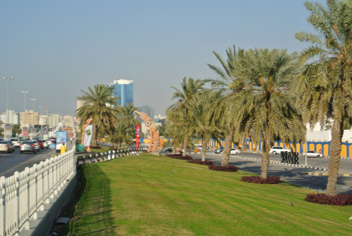 Слева дорога, а впереди парк аттракционов. По этой дороге нужно было перейти мост.