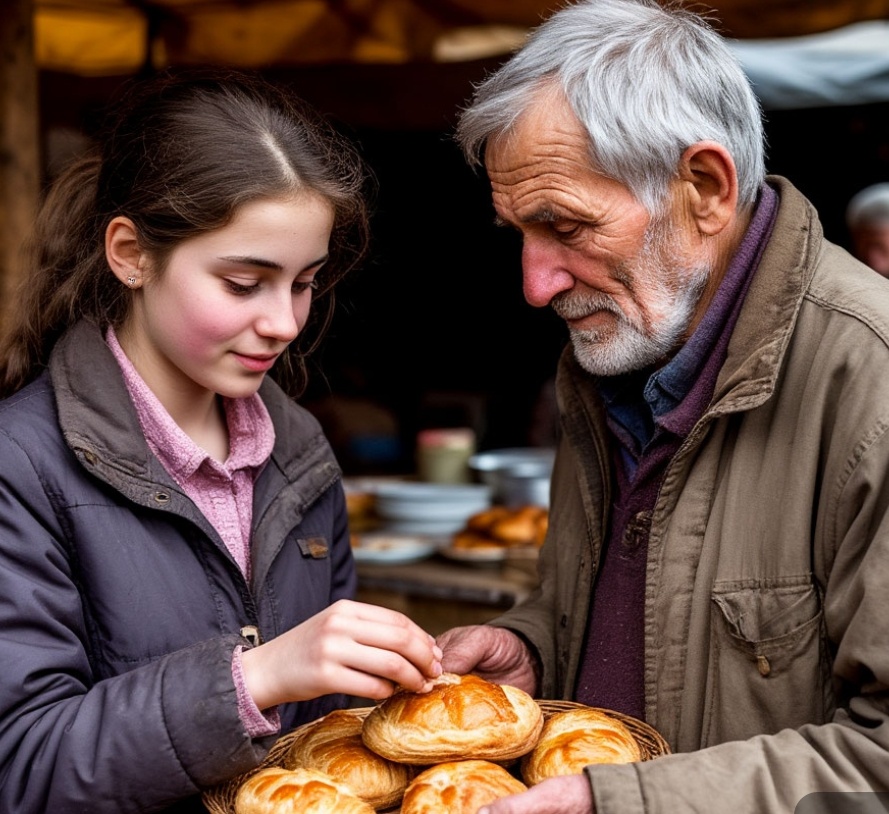 Таня угощает незнакомца пирожками