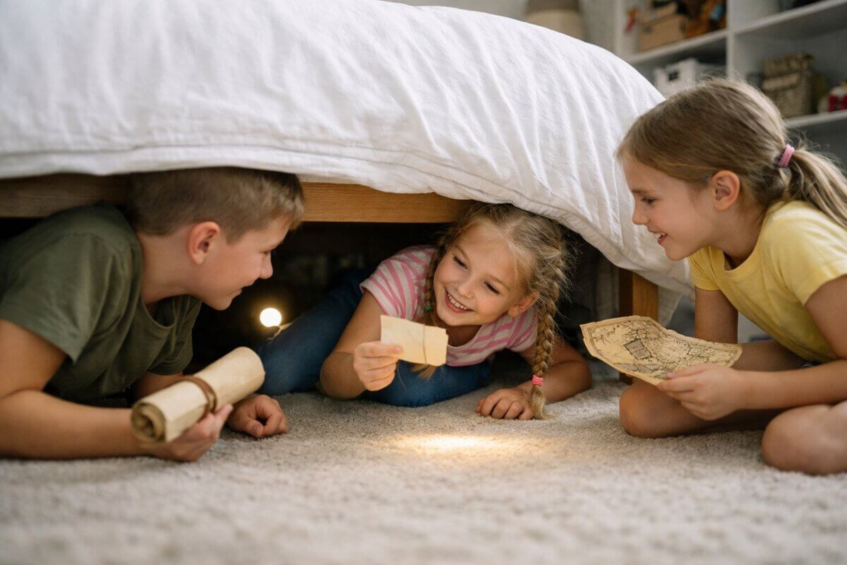 Дети ищую записку с заданием под кроватью