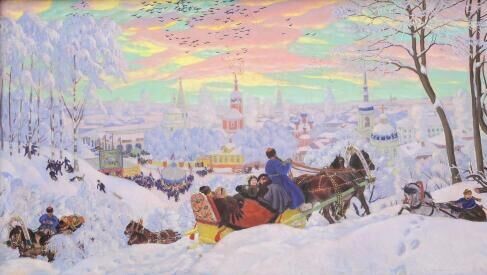    Зима на холсте. Каким бывает снег у русских художников? Кустодиев Борис Михайлович, «Масленица», 1916 г., общественное достояние