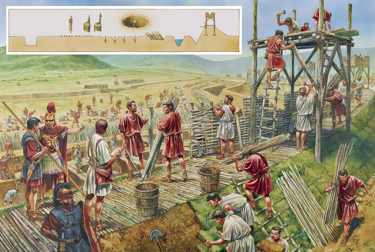 Процесс строительства оборонительной линии Цезаря. Художник: Peter Dennis