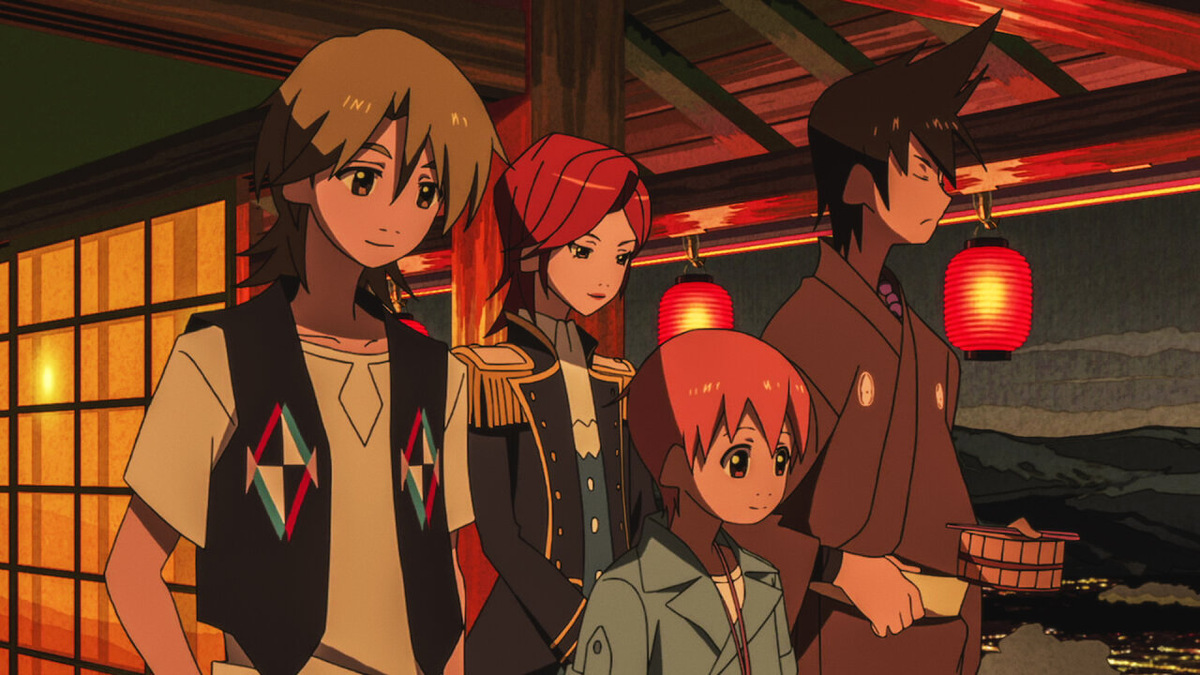 Кадр из аниме «Экзотическая семейка» с братьями и мамой Симогамо 