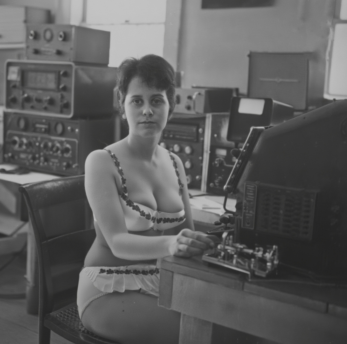 Форма военных связисток на радиопередающих центрах. Из-за ламп в аппаратуре в таких центрах очень жарко. И поэтому в таких центрах — форма №1. Фото из сети.