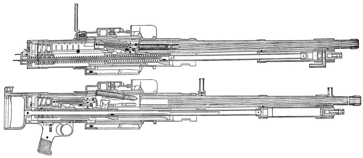 Положение механизмов пулемета ШВАК в крайнем переднем (вверху) и крайнем заднем (внизу) положениях.