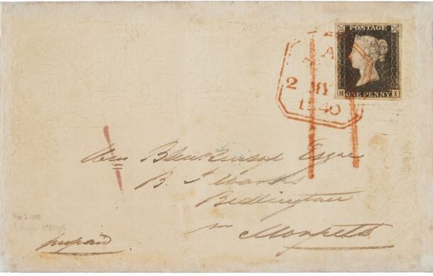 Конверт с маркой "Черный пенни".Источник -  https://www.sothebys.com/en/buy/auction/2024/the-one/the-2nd-may-1840-penny-black-cover?locale=zh-Hant