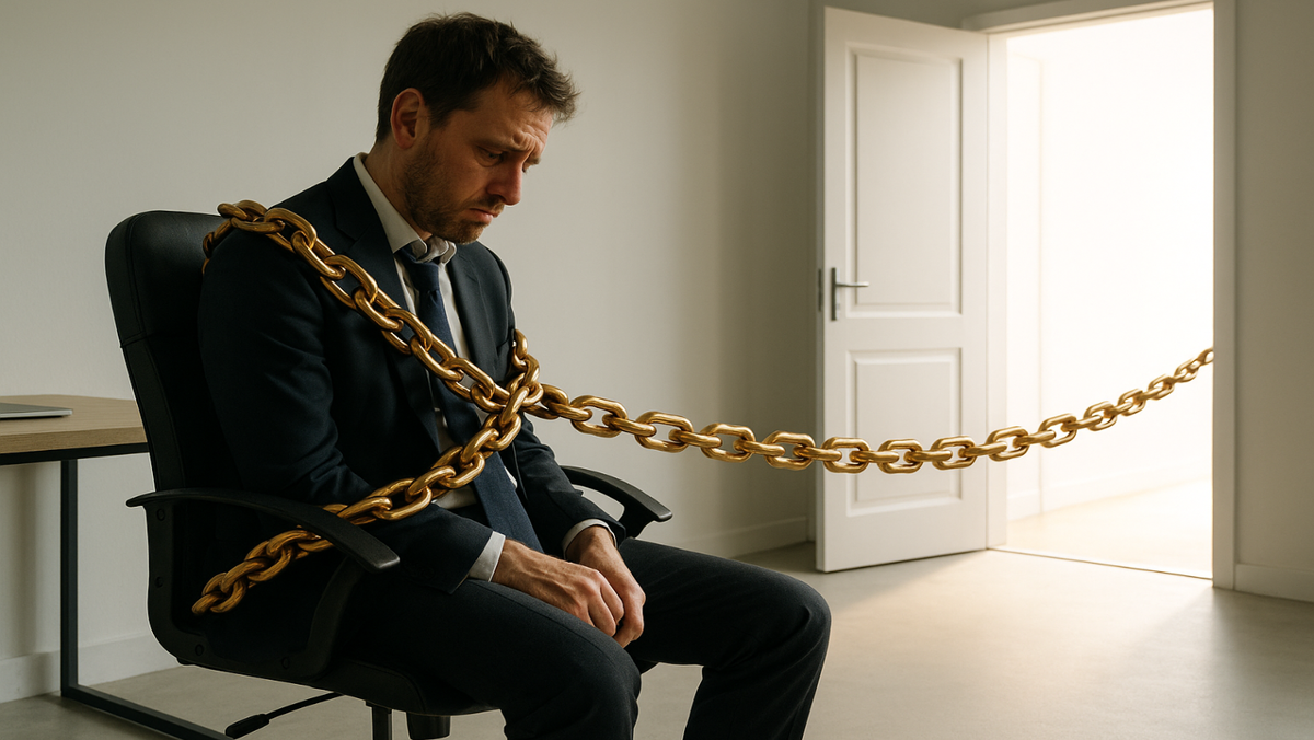 Человек скован цепью, застрял в офисе