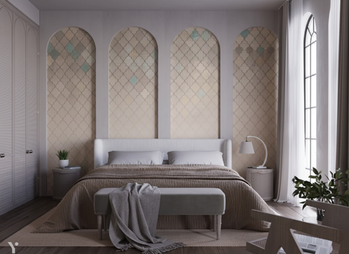 Пример интерьера спальни. Акцентная отделка стены - флизелиновые фотообои VEROL. Артикул на WB: 263039918.