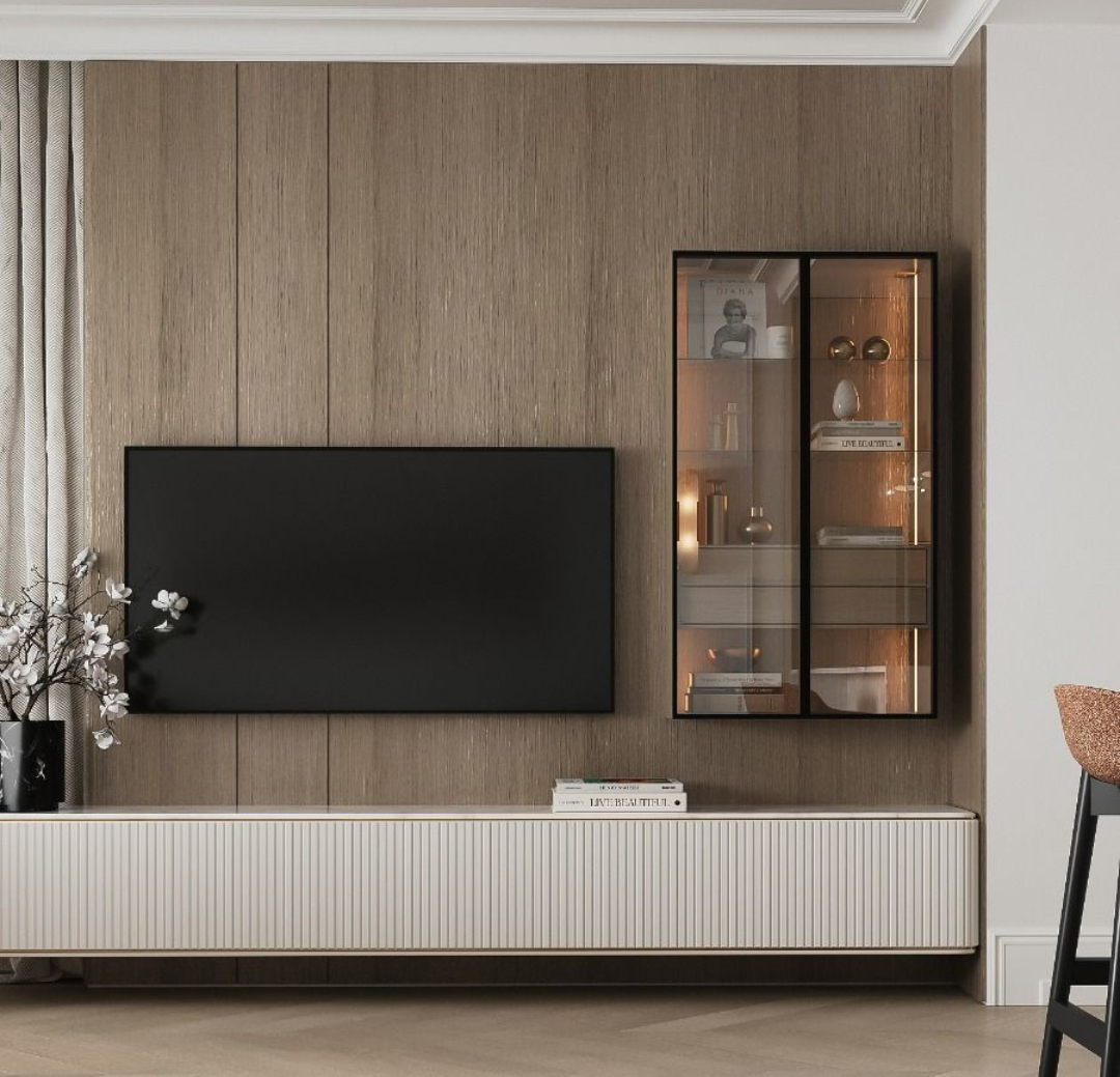 Пример отделки ТВ-зоны гибкими стеновыми панелями VEROL с текстурой дерева. Полотно: 116х300 см. Артикул на WB: 