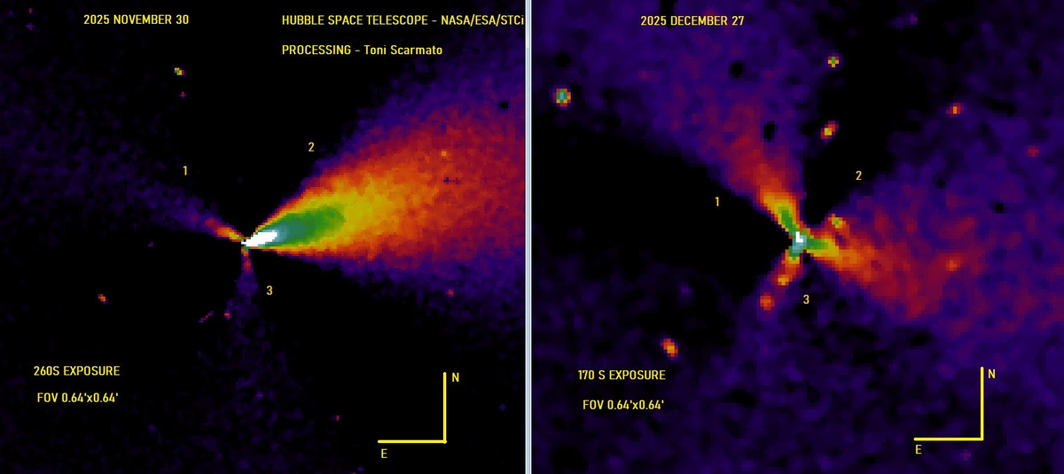 Изображения структуры струй 3I / ATLAS, полученные Хабблом, обработаны с помощью фильтра градиента вращения Ларсона-Секанина. Слева наблюдается сближение с внутренними струями в радиусе 24000 км от 3I / ATLAS 30 ноября 2025 г.; справа - от 27 декабря 2025 г. Предоставлено: Тони Скармато, на основе данных, опубликованных НАСА / ЕКА / STScI.