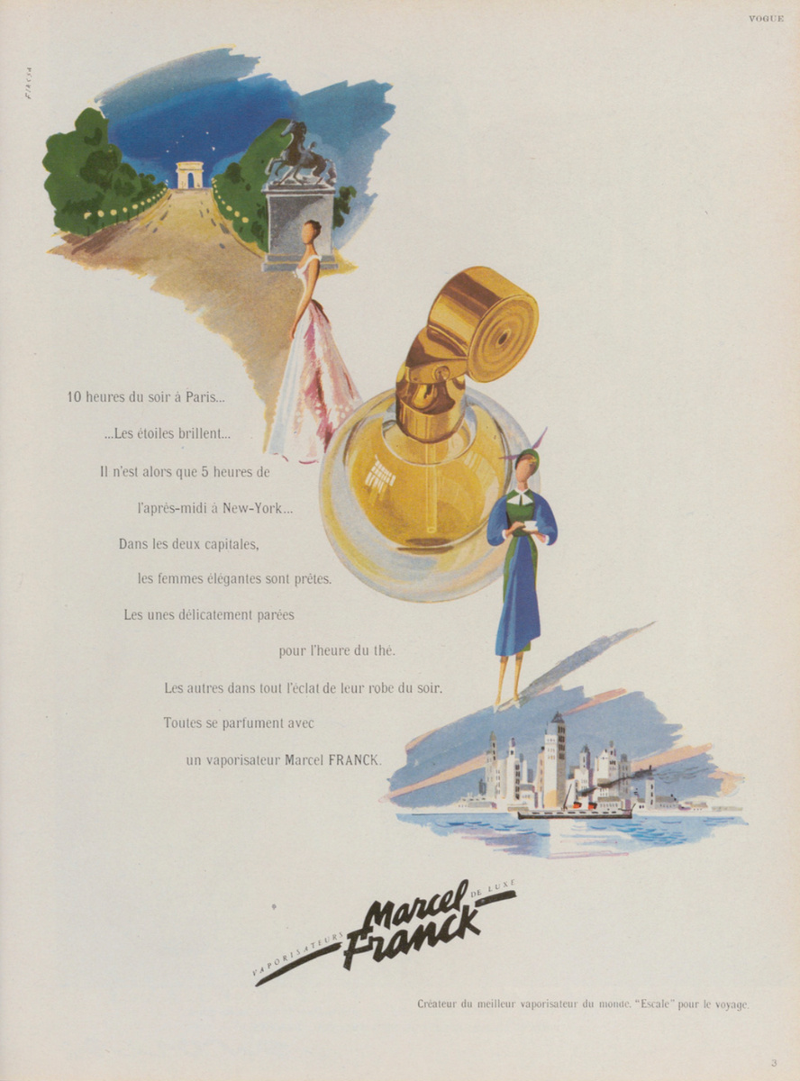 Vogue Paris / May 1950. Реклама парфюмерных распылителей Marcel Franck, создающая образ синхронизированной модной вселенной