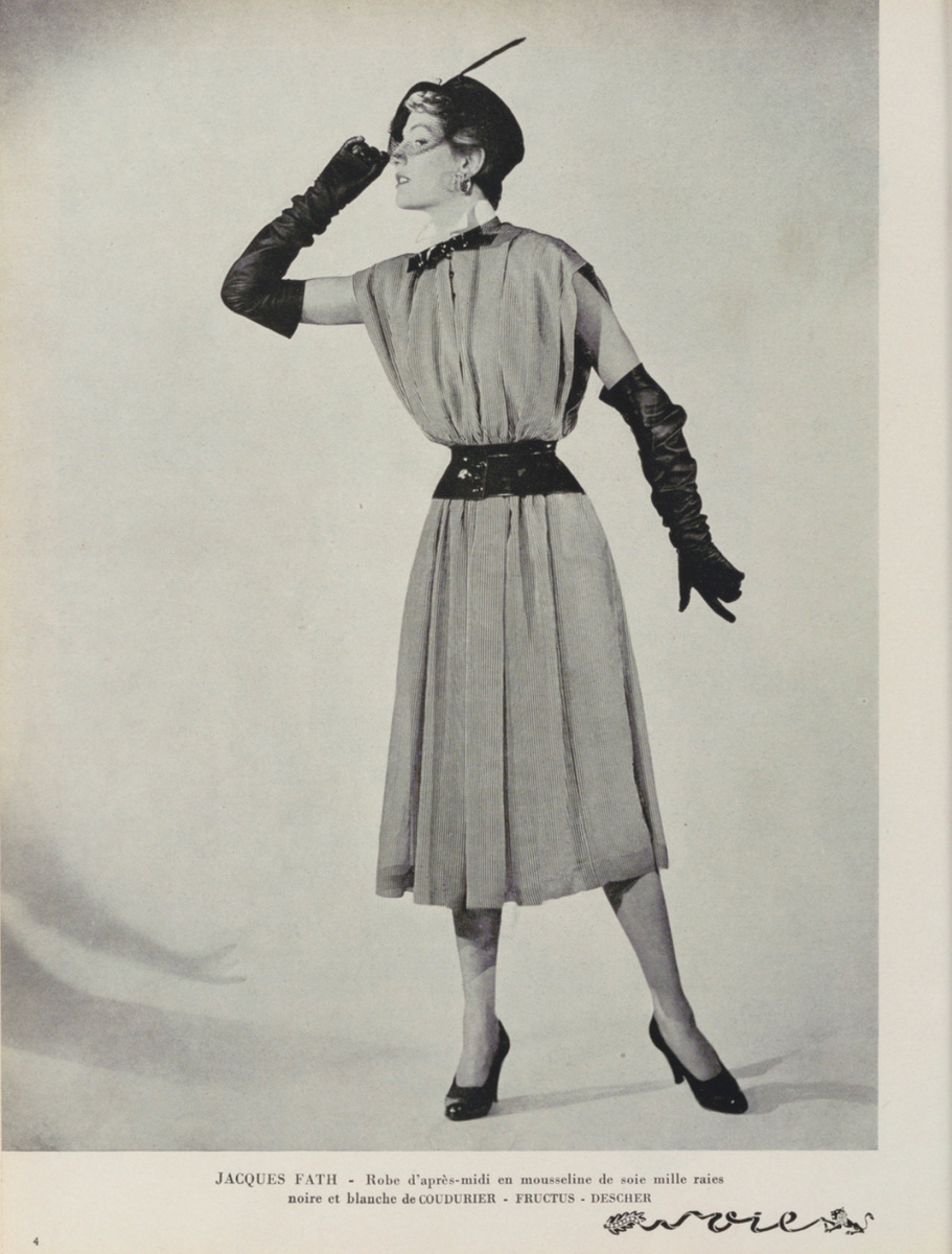 Vogue Paris / May 1950. Послеполуденное платье от Jacques Fath в полосатой шёлковой муслине — возвращение к непринуждённой, но безупречной повседневности