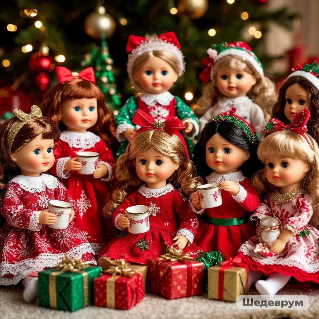 На фото от ИИ, мои куклы празднуют новый год у ёлки. 