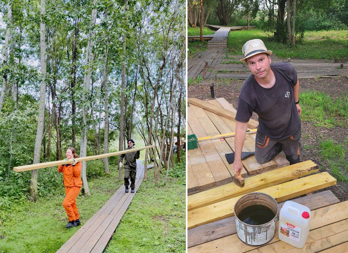 Работы по прокладке новых деревянных дорожек на территории Природного и мемориального парка Крохинского посада