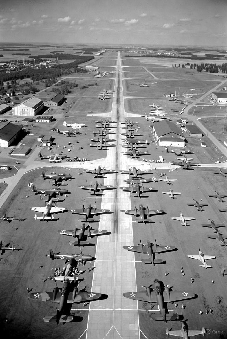Аэродром в Красноярске времен войны: на взлетно-посадочной полосе и вокруг нее выстроились в несколько рядов десятки американских бомбардировщиков A-20 "Бостон" и истребителей P-39 "Аэрокобра" с красными звездами