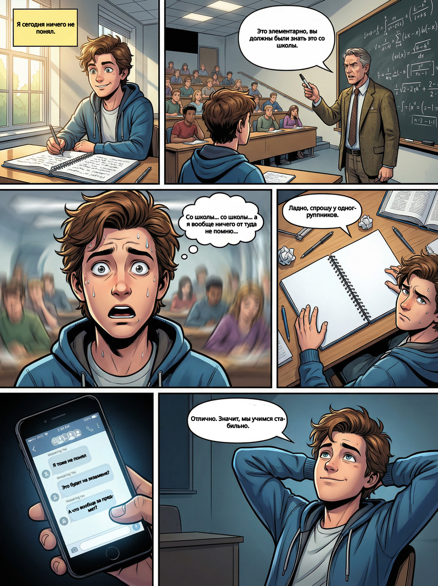 Он старательно конспектирует, кивает и делает умное лицо — но внутри пустота.
Преподаватель уверен, что всё элементарно, одногруппники — что никто ничего не понял.
Идеальный мини-комикс о вечной студенческой тайне: как можно учиться стабильно… и стабильно не понимать.