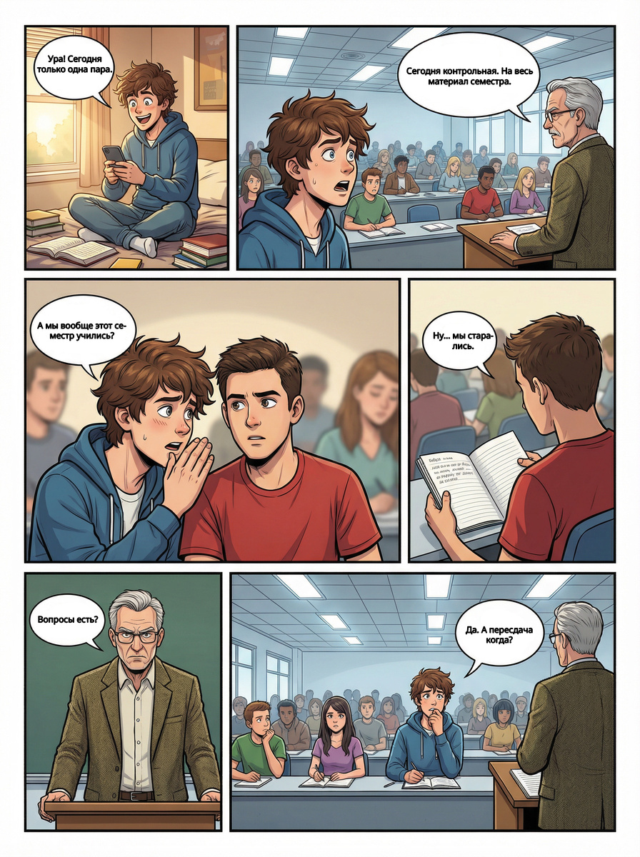 День начинается идеально: всего одно занятие — что может пойти не так?
Но одна фраза преподавателя превращает радость в холодный пот, а семестр — в загадку.
Ироничный мини-комикс о студенческой надежде, которая умирает сразу после слов
«контрольная на весь материал».